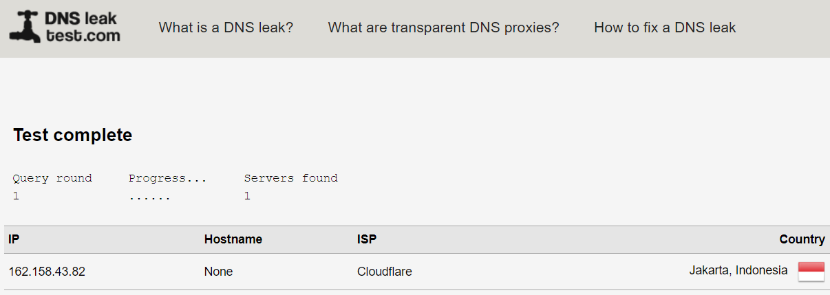 Test DNS leak dengan DoH aktif